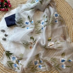 White Beautiful Premium Organza Hand Painted Saree