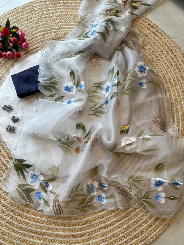 White Beautiful Premium Organza Hand Painted Saree