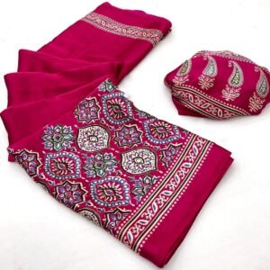 Printed Ajarakh Satin Crepe Saree In Rani Pink