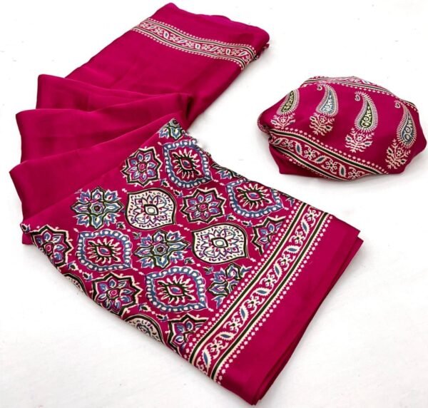 Printed Ajarakh Satin Crepe Saree In Rani Pink