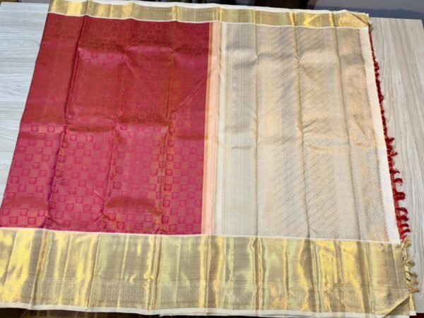 Top Kanchipuram Silk Saree In Candy Red With Off White