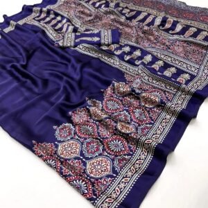 Printed Ajarakh Satin Crepe Saree In Royal Blue
