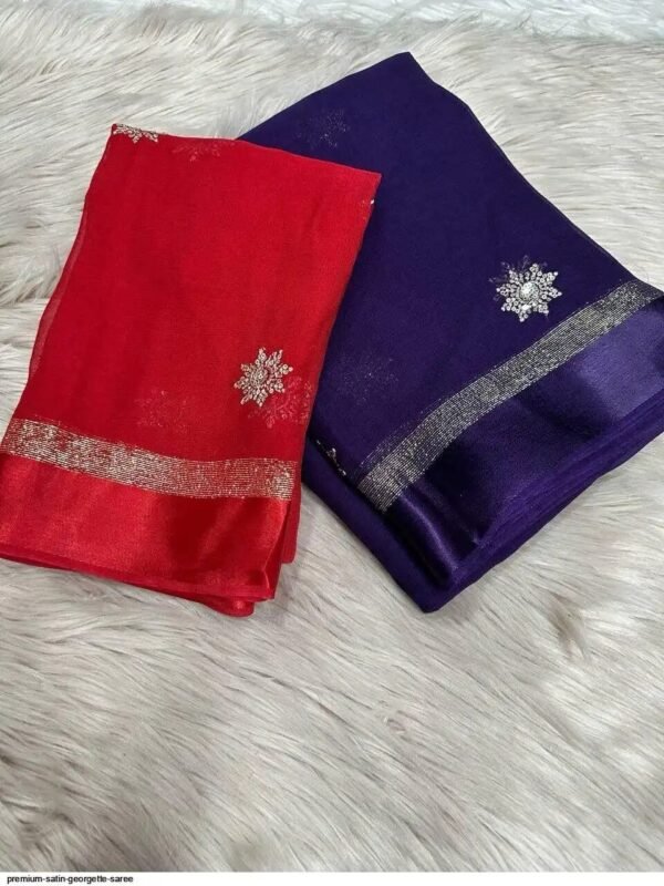 premium satin georgette saree In Blue With Red
