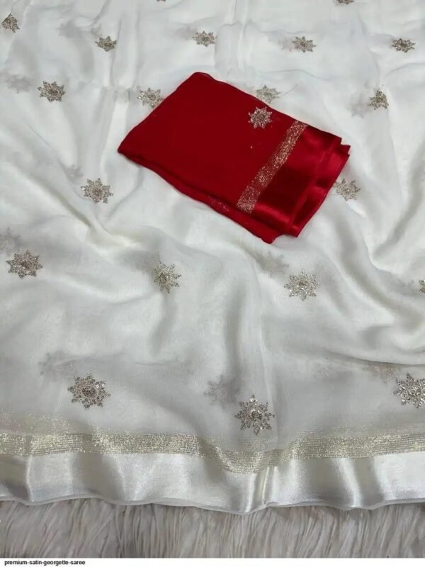 premium satin georgette saree In White With Red