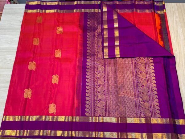Retta Patta Border Kanchipuram Silk Saree In Reddish Pink With Purple