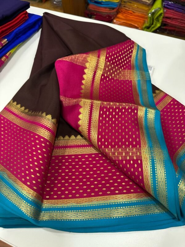Pure Crepe Mysore Silk Sarees In Coffee Brown With Pink