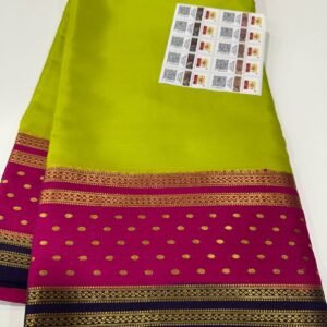 Pure Crepe Mysore Silk Sarees In Parrot Green With Pink
