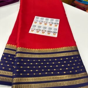 Pure Crepe Mysore Silk Sarees In Chilli Red With Blue
