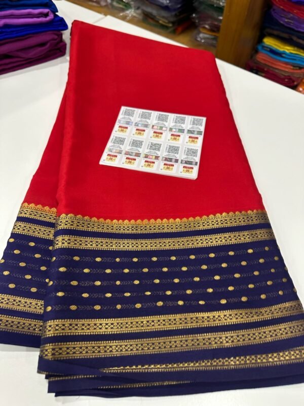 Pure Crepe Mysore Silk Sarees In Chilli Red With Blue