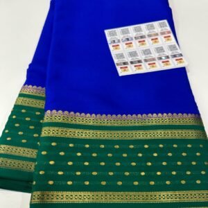 Pure Crepe Mysore Silk Sarees In Royal Blue With Green