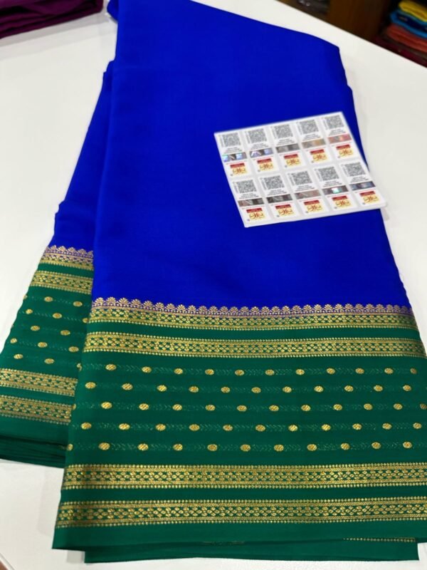 Pure Crepe Mysore Silk Sarees In Royal Blue With Green