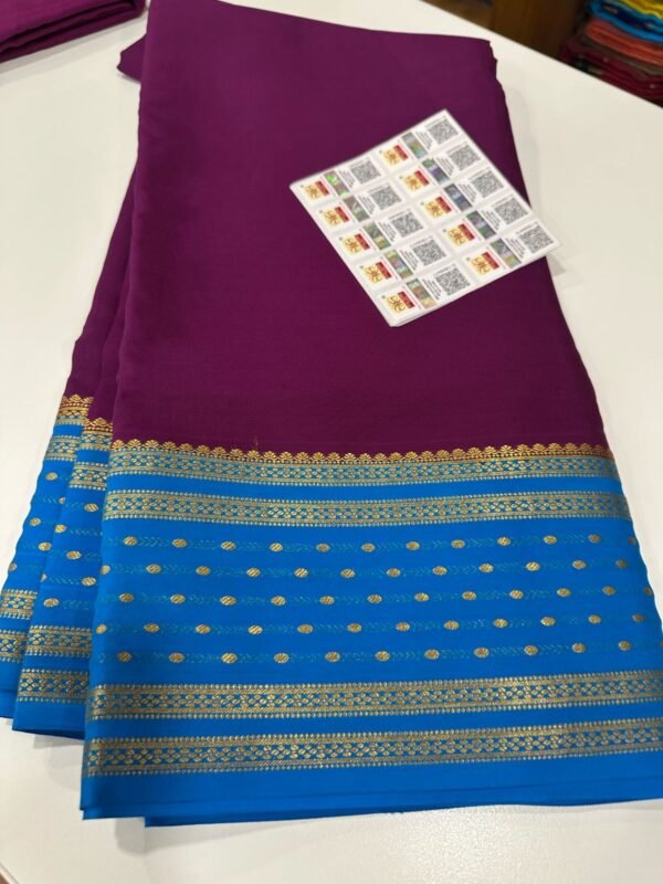 Pure Crepe Mysore Silk Sarees In Magenta With Light Blue