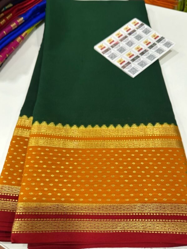 Pure Crepe Mysore Silk Sarees In Green With Mango Yellow