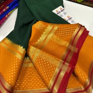 Pure Crepe Mysore Silk Sarees In Green With Mango Yellow
