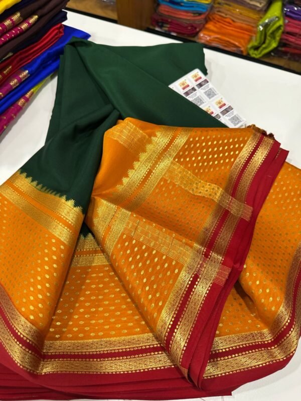 Pure Crepe Mysore Silk Sarees In Green With Mango Yellow