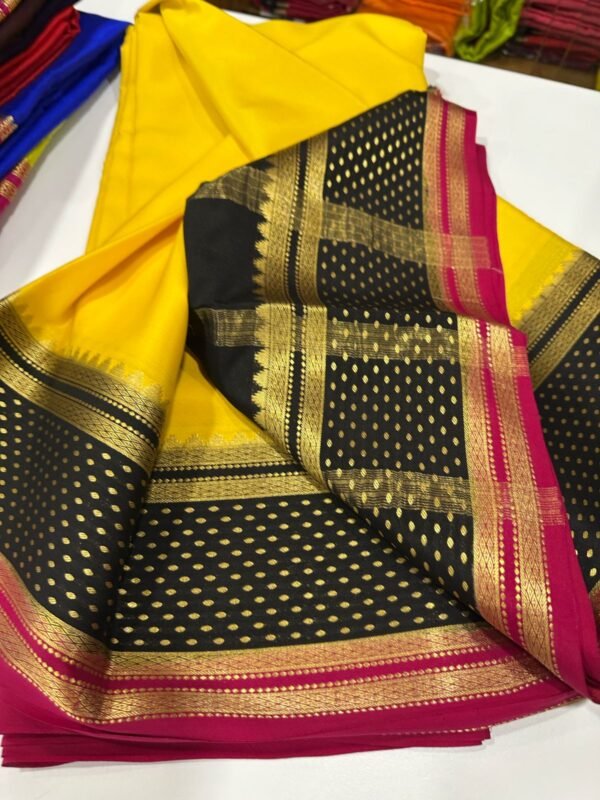 Pure Crepe Mysore Silk Sarees In Lemon Yellow With Black