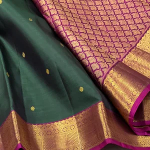 Green Kanchipuram Silk saree With Dark PInk Border