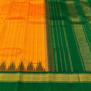 Vintage Kanchipuram Silk Saree In Orange With Green