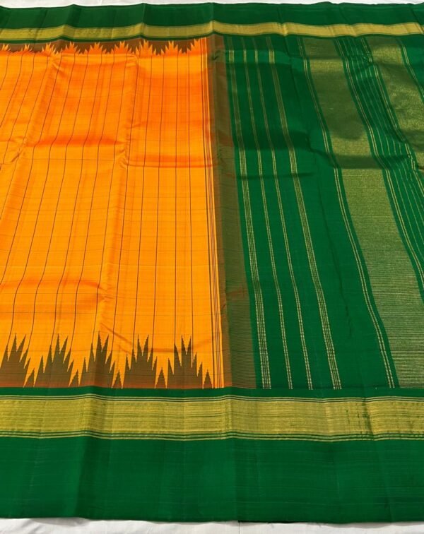 Vintage Kanchipuram Silk Saree In Orange With Green