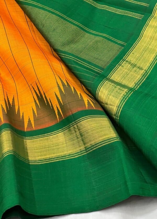 Vintage Kanchipuram Silk Saree In Orange With Green