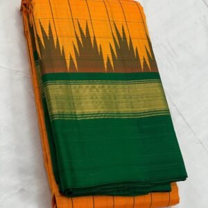 Vintage Kanchipuram Silk Saree In Orange With Green