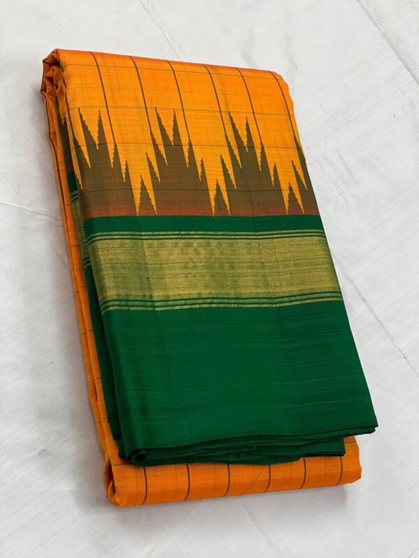 Vintage Kanchipuram Silk Saree In Orange With Green