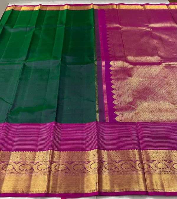 Plain Kanchipuram Silk Saree In Green With Pink