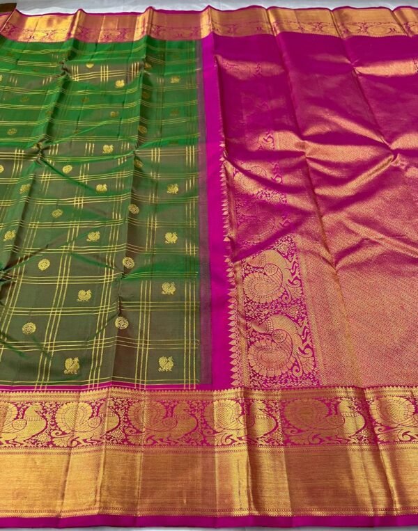 Kanchipuram Silk Saree In Green With Pink