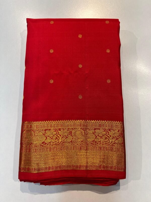 Red Kanjivaram Silk Saree In Small Border