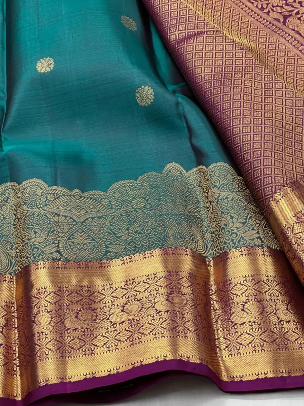 Peacock Green Kanchipuram Silk Saree With Purple