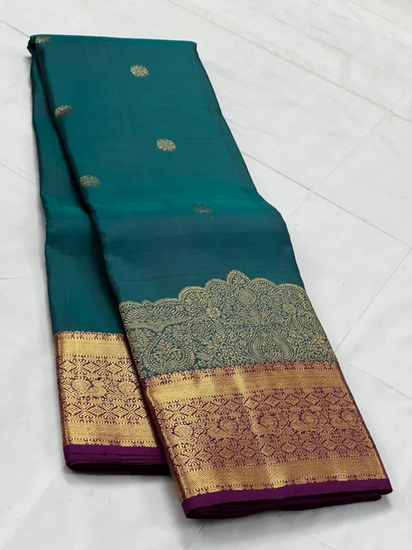 Peacock Green Kanchipuram Silk Saree With Purple