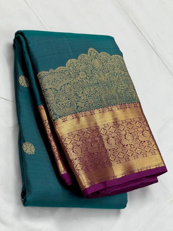 Peacock Green Kanchipuram Silk Saree With Purple