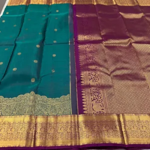 Peacock Green Kanchipuram Silk Saree With Purple