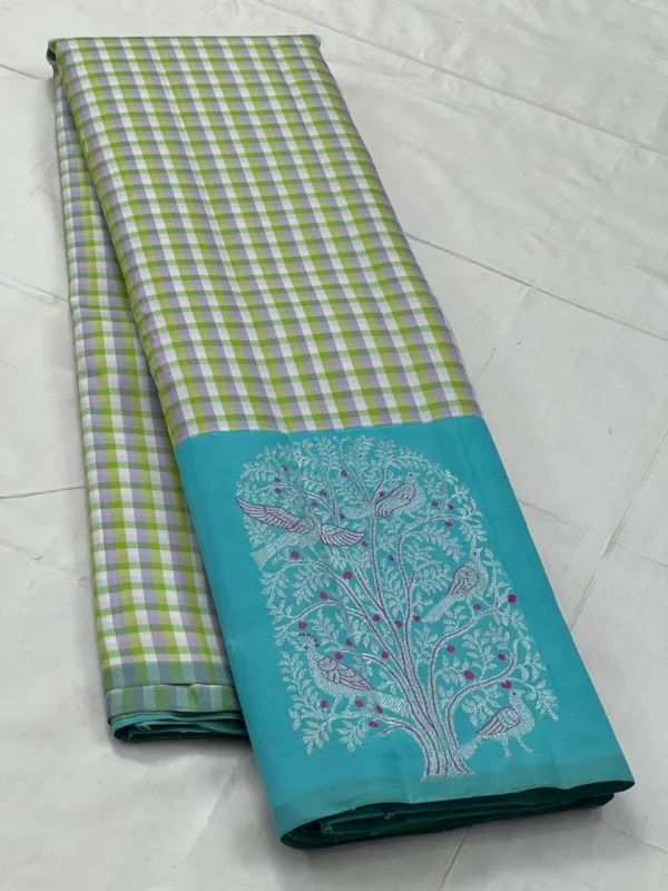 Small Checks Kanchipuram Silk Saree Sky Blue Border