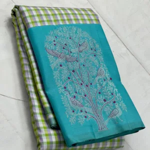 Small Checks Kanchipuram Silk Saree Sky Blue Border