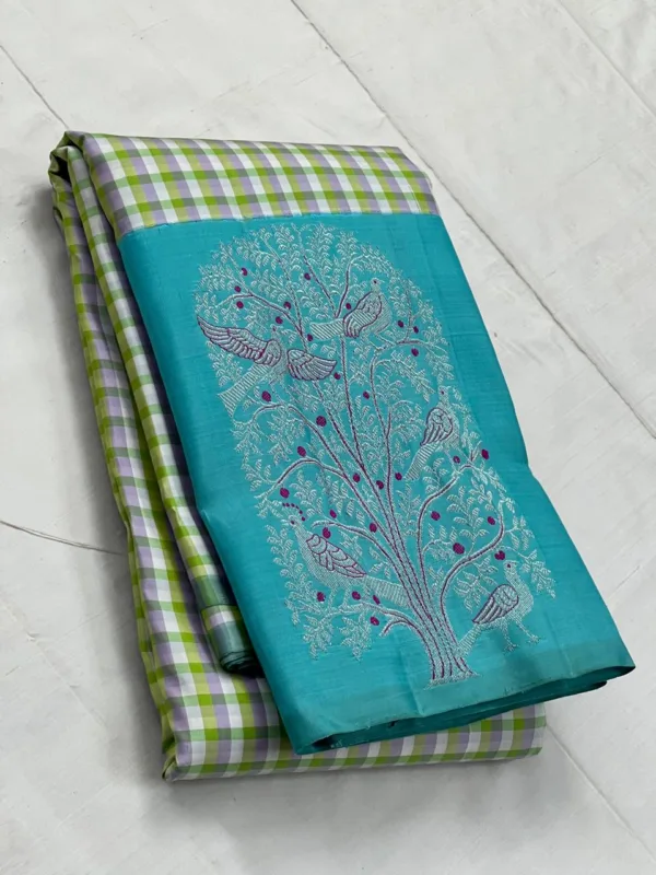 Small Checks Kanchipuram Silk Saree Sky Blue Border