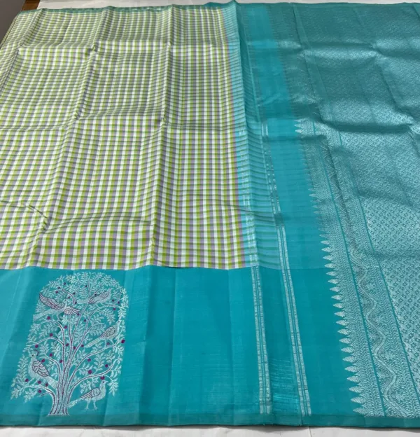 Small Checks Kanchipuram Silk Saree Sky Blue Border