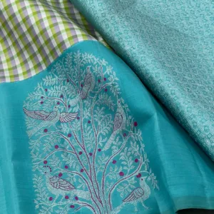 Small Checks Kanchipuram Silk Saree Sky Blue Border