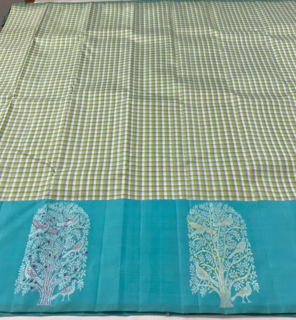 Small Checks Kanchipuram Silk Saree Sky Blue Border