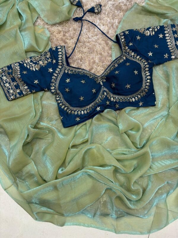 Space Silk Saree With Embroidery Work Blouse In Pista With Blue