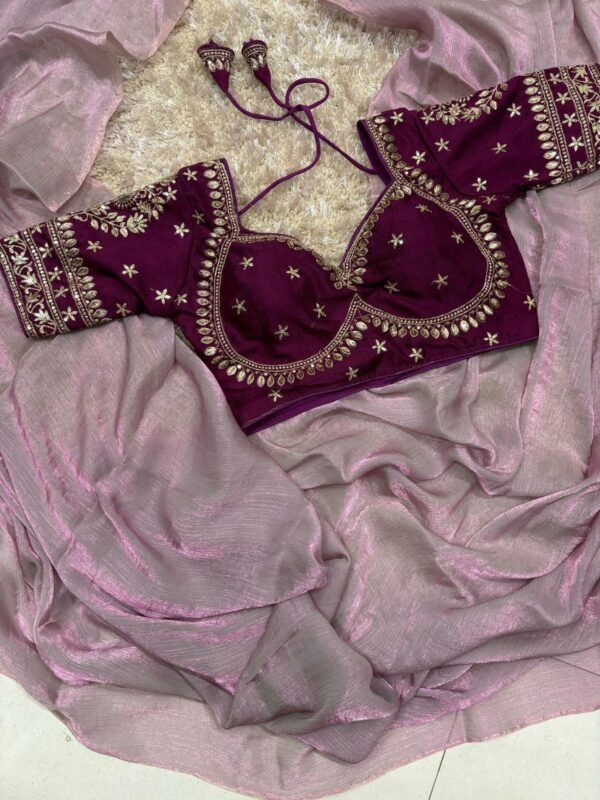 Space Silk Saree With Embroidery Work Blouse In Lavender