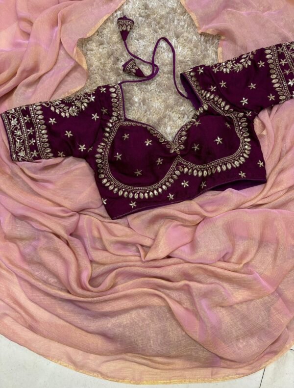 Space Silk Saree With Embroidery Work Blouse In Peach