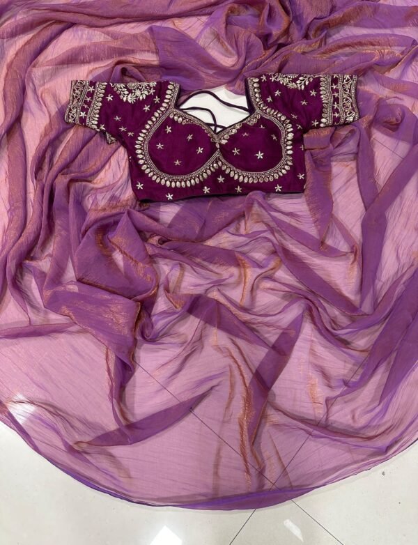 Space Silk Saree With Embroidery Work Blouse In Purple
