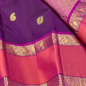 Kanchipuram Silk Saree In Dark Purple With Orange