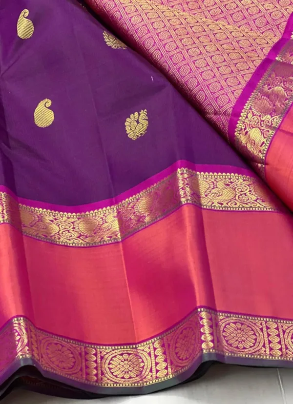 Kanchipuram Silk Saree In Dark Purple With Orange