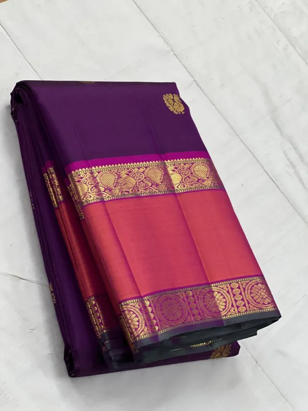 Kanchipuram Silk Saree In Dark Purple With Orange