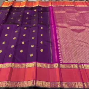 Kanchipuram Silk Saree In Dark Purple With Orange