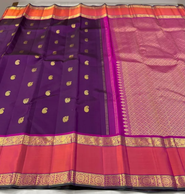 Kanchipuram Silk Saree In Dark Purple With Orange