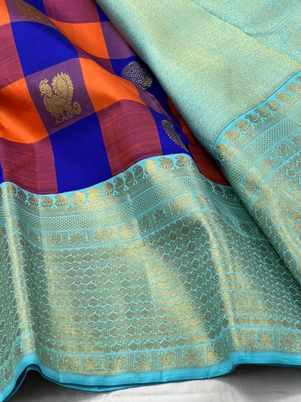 Multi Color Checks Kanchipuram Silk Saree In Light Blue Border