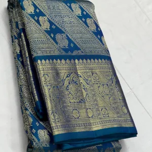 Peacock Blue Kanchipuram Silk Saree In Brocade Design
